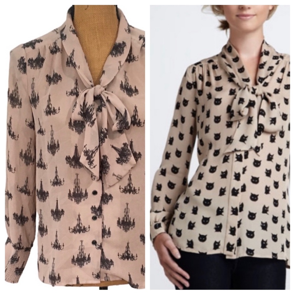 Halogen Tie-Neck Chandelier-Print Long Sleeves Button Down Top Blouse S/P